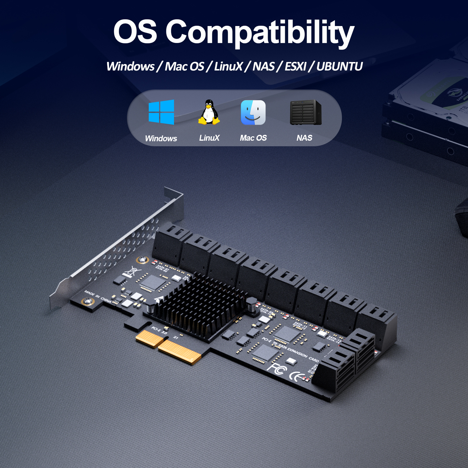 SA3220C 20-Port SATA Expansion Card, PCIE X4 Interface