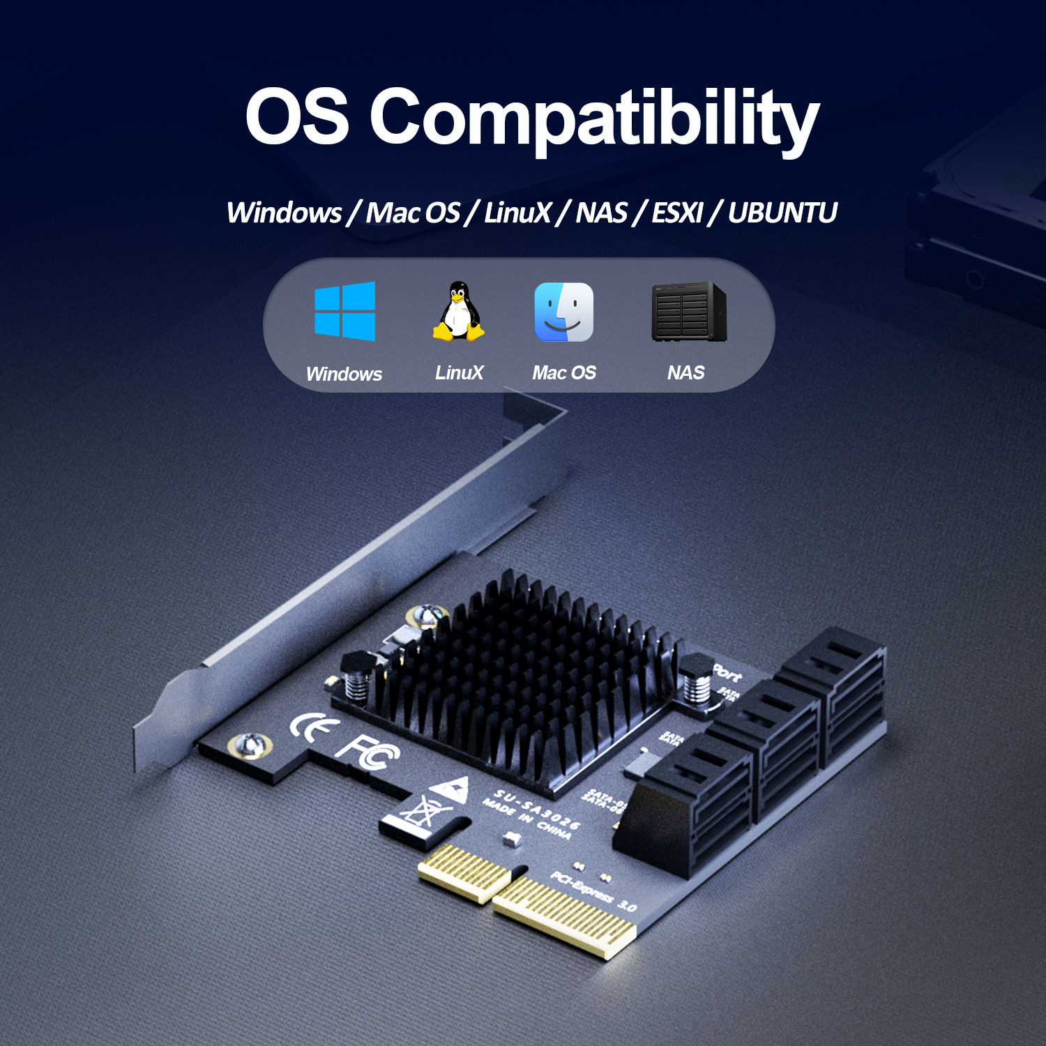 SA3026C 6-Port SATA Expansion Card, PCIE X4 Interface