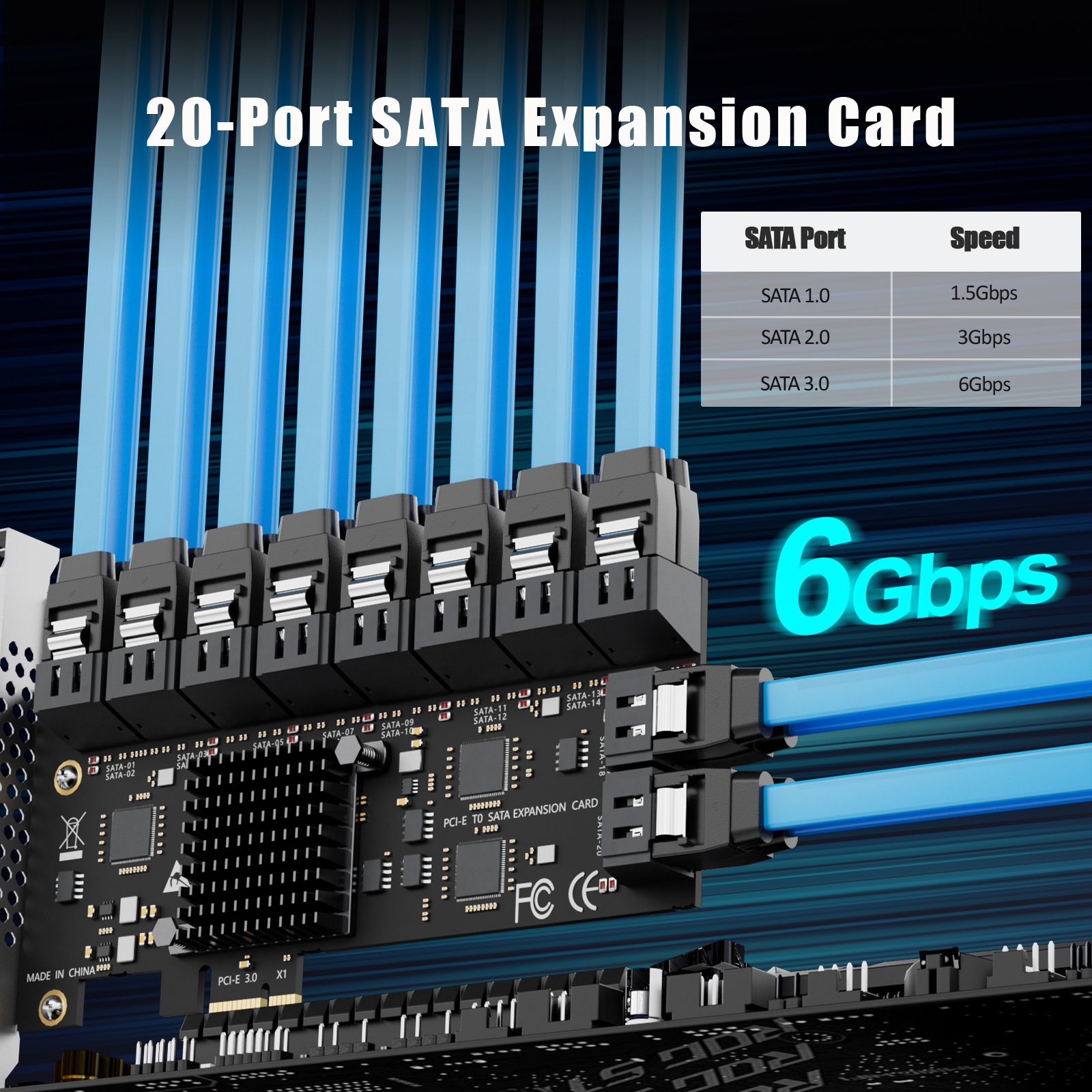 SA3120C 20-Port SATA Expansion Card, PCIE X1 Interface