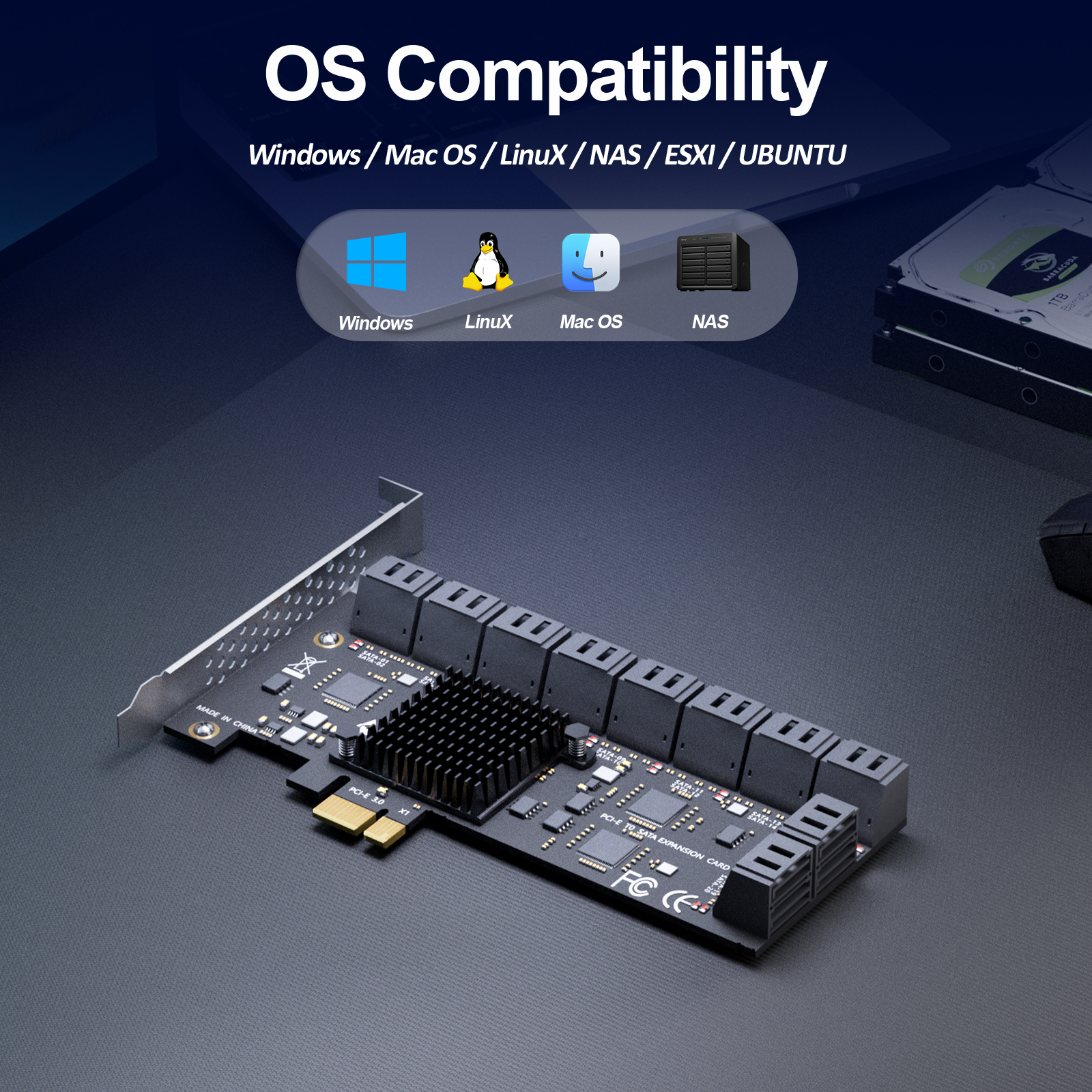 SA3120C 20-Port SATA Expansion Card, PCIE X1 Interface