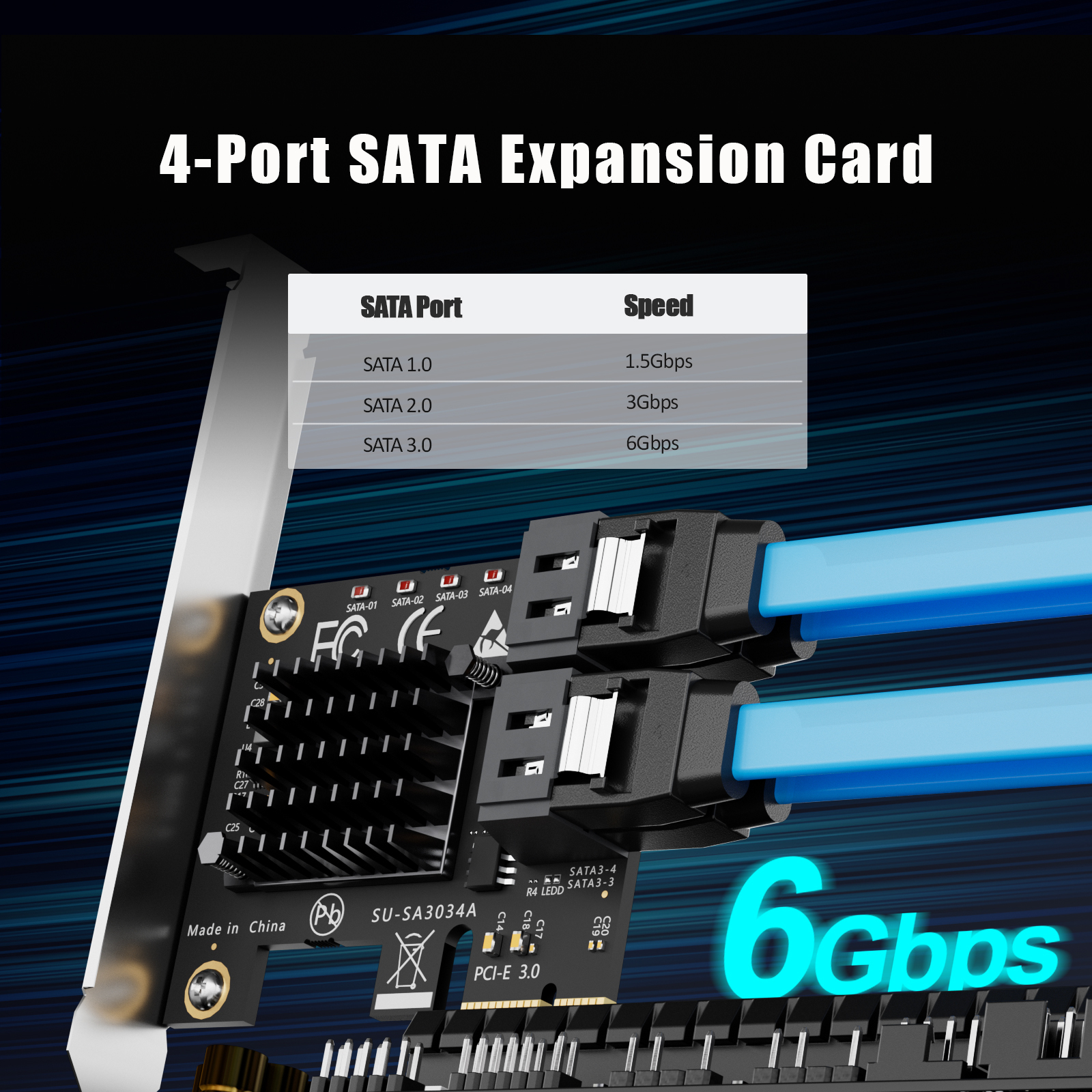 SA3034C 4-Port SATA Expansion Card, PCIE X1 Interface