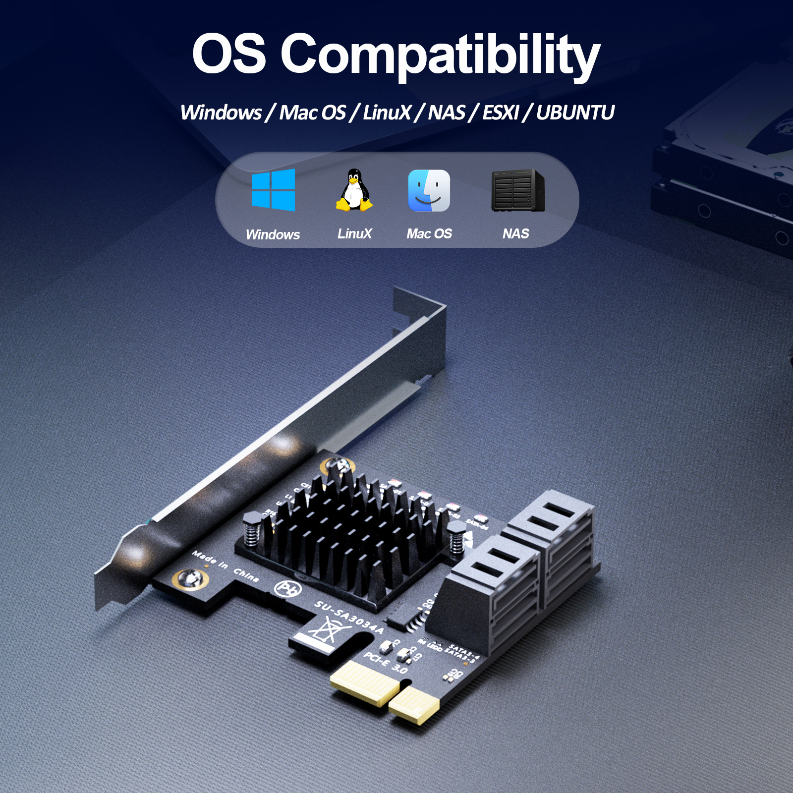 SA3034C 4-Port SATA Expansion Card, PCIE X1 Interface