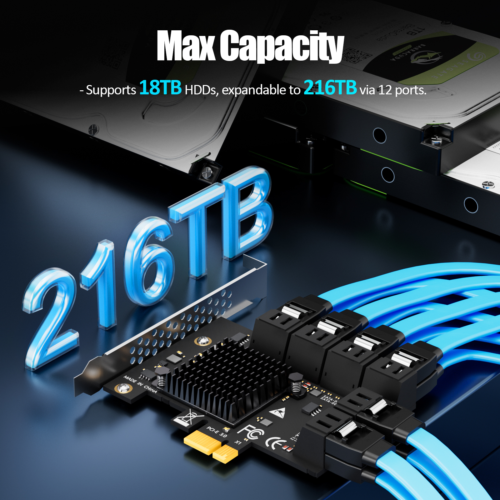 SA3112C 12-Port SATA Expansion Card, PCIE X1 Interface