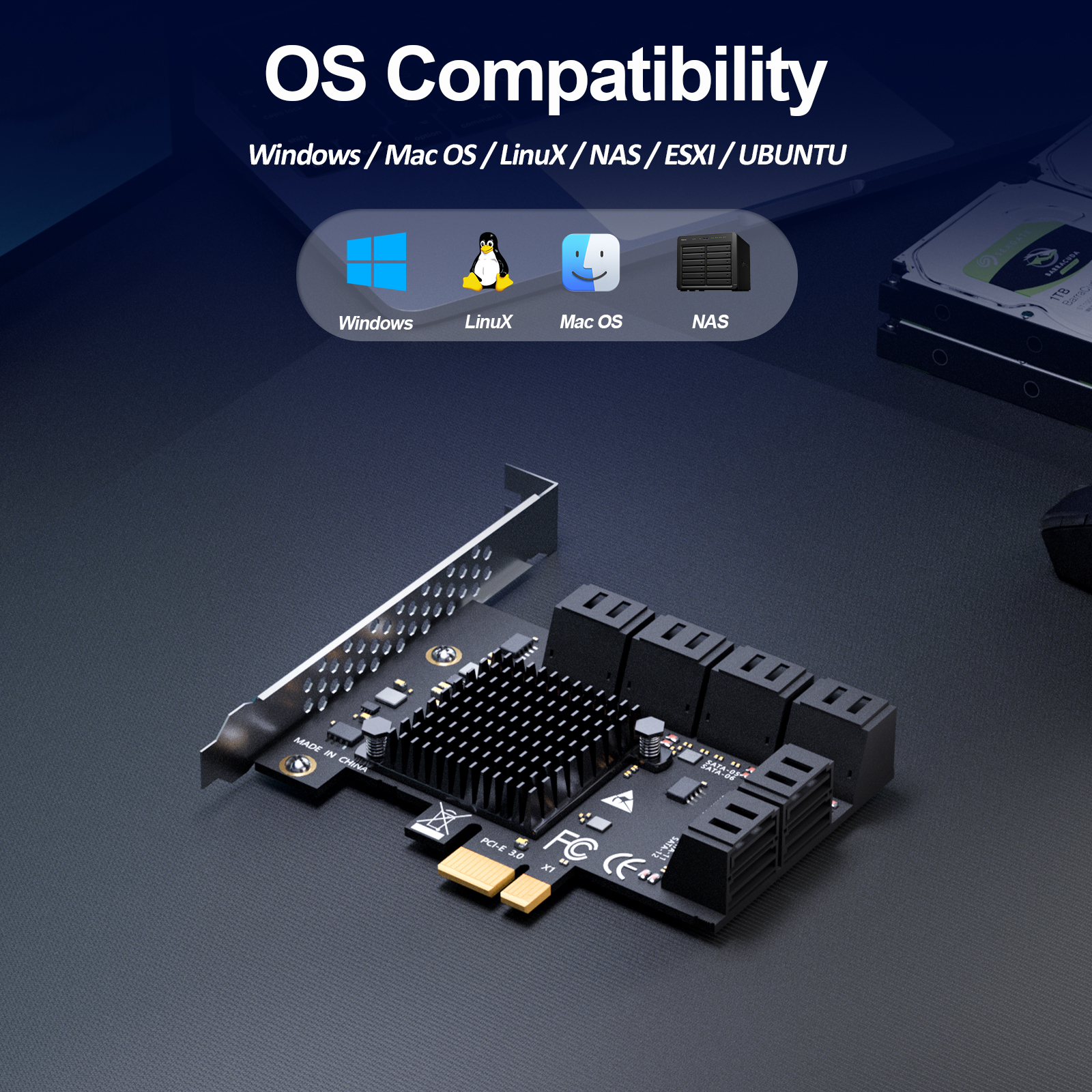 SA3112C 12-Port SATA Expansion Card, PCIE X1 Interface