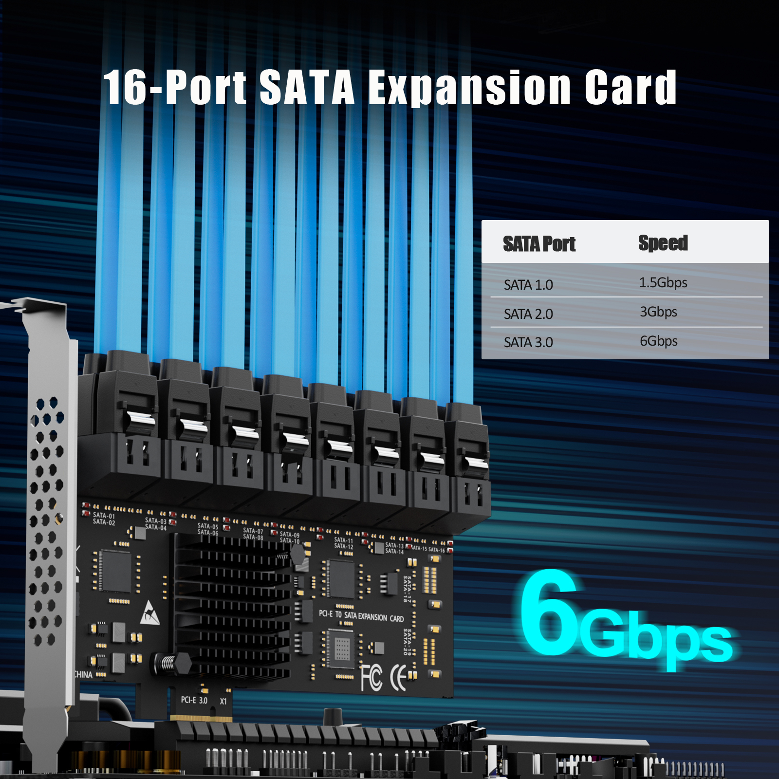 SA3116C 16-Port SATA Expansion Card, PCIE X1 Interface
