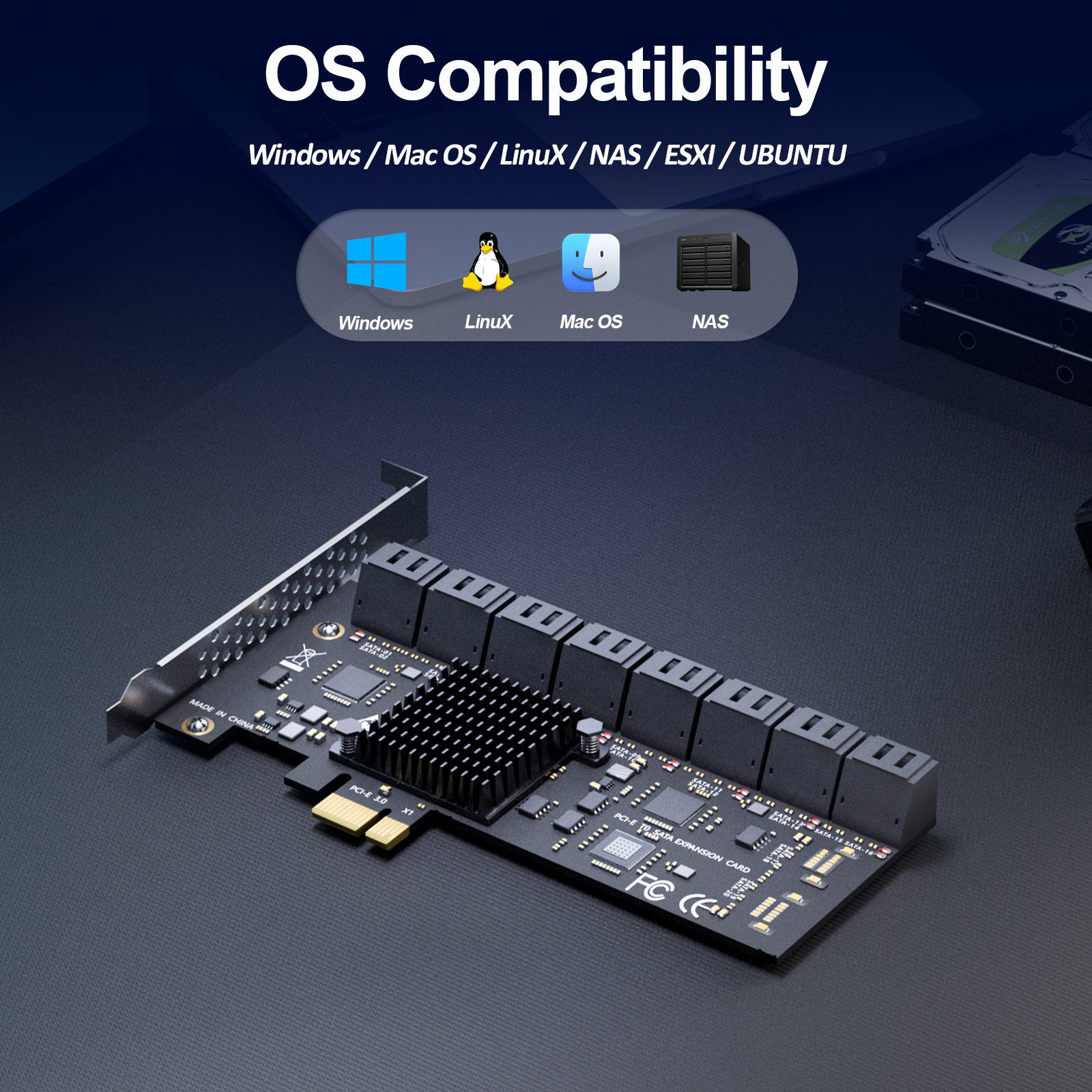 SA3116C 16-Port SATA Expansion Card, PCIE X1 Interface