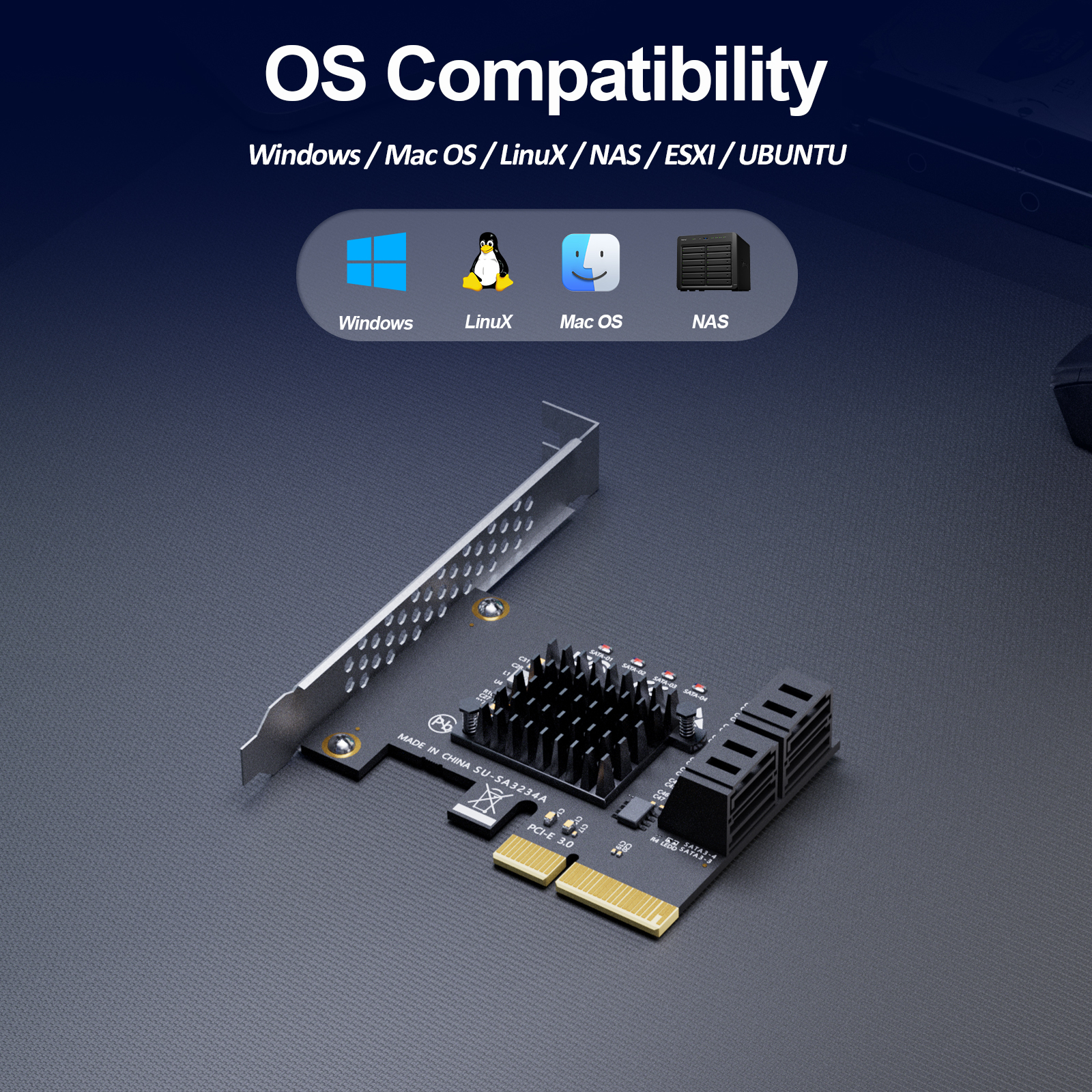 SA3234C 4-Port SATA Expansion Card, PCIE X4 Interface