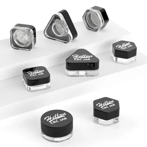 Custom 5ml 7ml 9ml Child Resistant Cube Square Clear Glass Concentrate Container Jar with child resistant plastic Caps