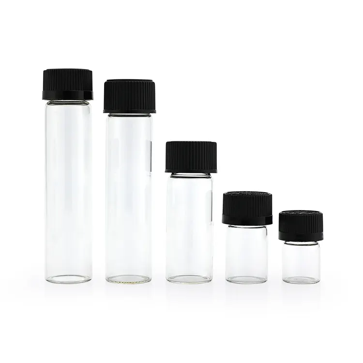 Hot sale custom size clear glass tube packaging black screw crc cap glass test tube childproof tube