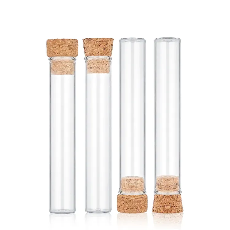 Custom Glass test tube with cork lids Clear Flat test tube bottles with cork stopper for Bath Salt and Candy Storage