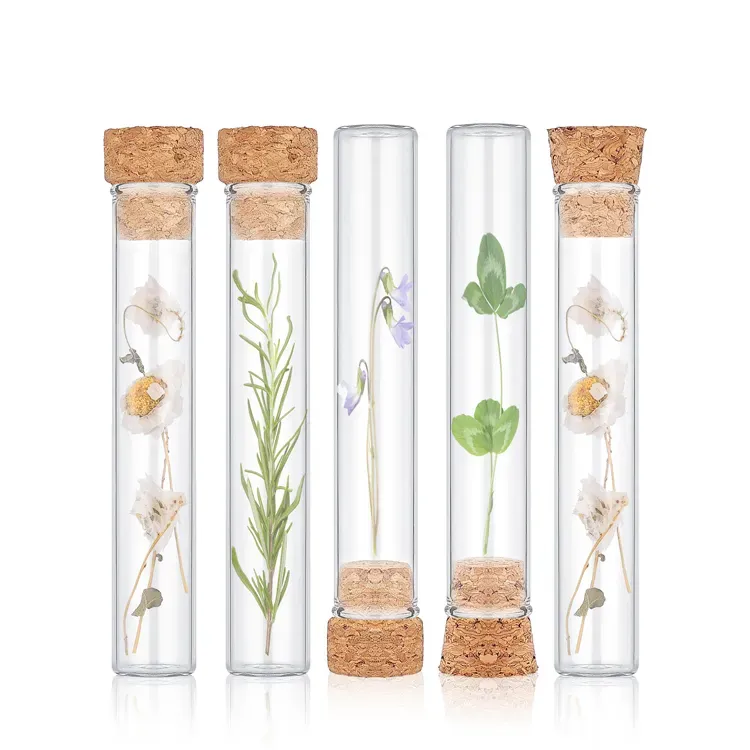 Custom Glass test tube with cork lids Clear Flat test tube bottles with cork stopper for Bath Salt and Candy Storage