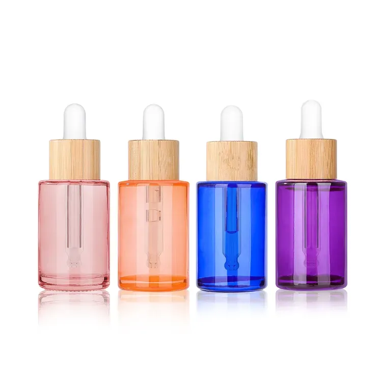 Luxury 30ml 50ml 80ml Clear Bamboo Dropper Essential Oil Bottle 1oz Purple Serum Bottles Cosmetic Packaging