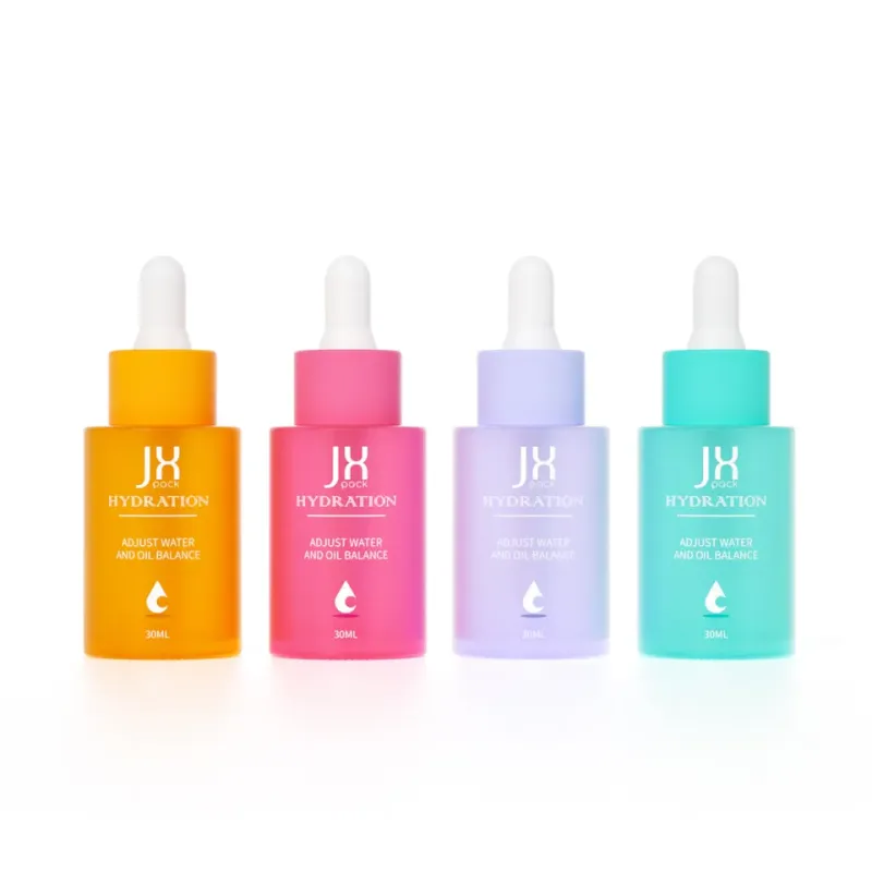 1oz Cosmetic skin care essential oil bottle packaging frosted glass flat shoulder 30ml matte pink serum dropper bottle with box