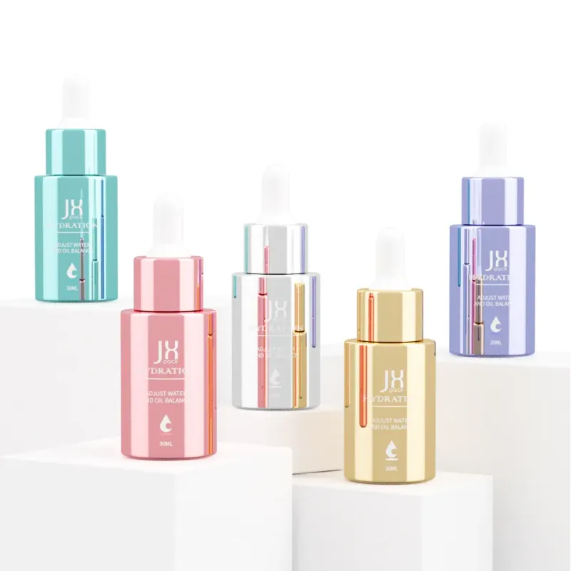 Custom Plating 30ml 50ml Luxury Serum Bottle 1oz Round Essential Oil Glass Dropper Bottle Pink Cosmetic Packaging Bottles