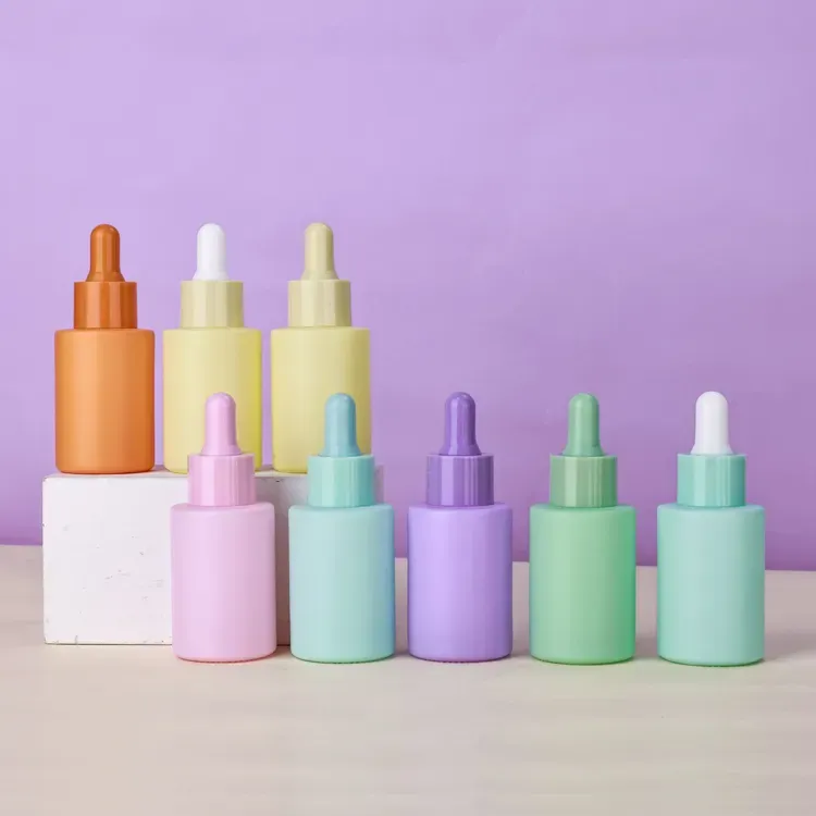 Skincare packaging cosmetic purple flat shoulder 30ml essential oil glass dropper bottle
