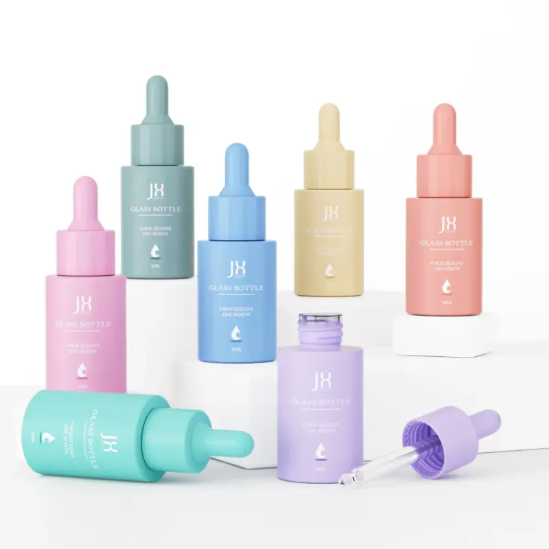 Customize colorful cosmetic glass dropper bottle 30ml flat shoulder glass serum essential oil bottles