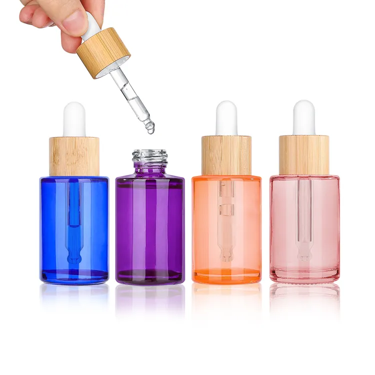 Luxury 30ml 50ml 80ml Clear Bamboo Dropper Essential Oil Bottle 1oz Purple Serum Bottles Cosmetic Packaging