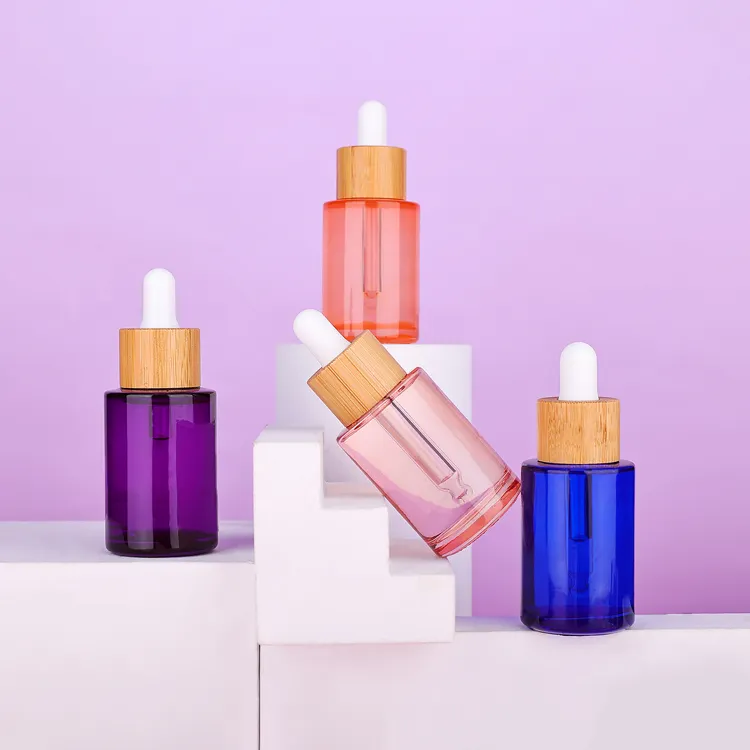 Luxury 30ml 50ml 80ml Clear Bamboo Dropper Essential Oil Bottle 1oz Purple Serum Bottles Cosmetic Packaging