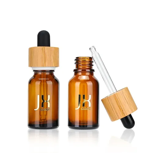 Custom Logo Essential Oil Bottle Frosted Amber Skin Care Serum Bottle Childproof Bamboo Cap Glass Oil Dropper Bottle