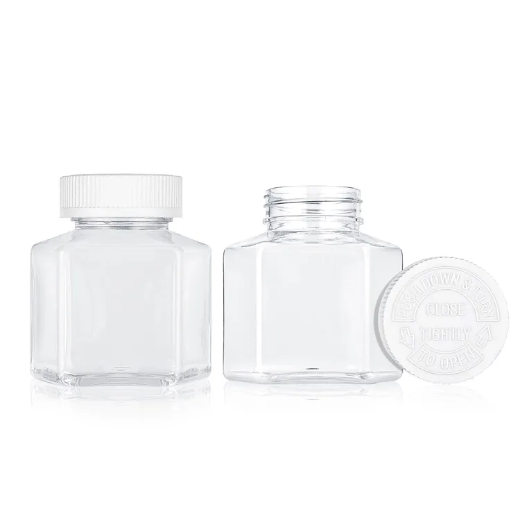 Custom 5oz 8oz Childproof Lid Hexagon Shaped Clear PET Plastic Jar High Quality Airtight Food Storage Jar Container