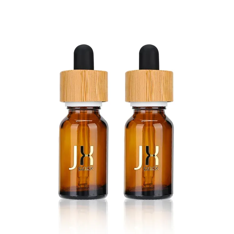 Custom Logo Essential Oil Bottle Frosted Amber Skin Care Serum Bottle Childproof Bamboo Cap Glass Oil Dropper Bottle