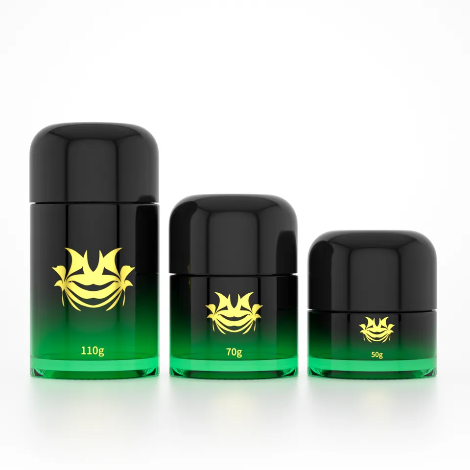 Hot Selling Custom Print Logo 5g 50g 70g 110g Storage Flower Green Glass Jar With Childproof Cap