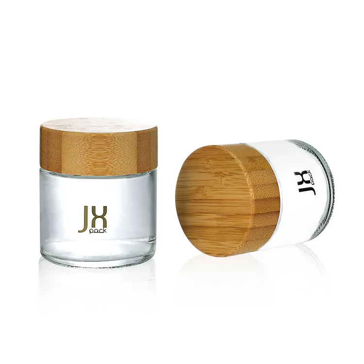 Wholesale 90ml 110ml smell proof container glass storage spice jar with wooden lids bamboo