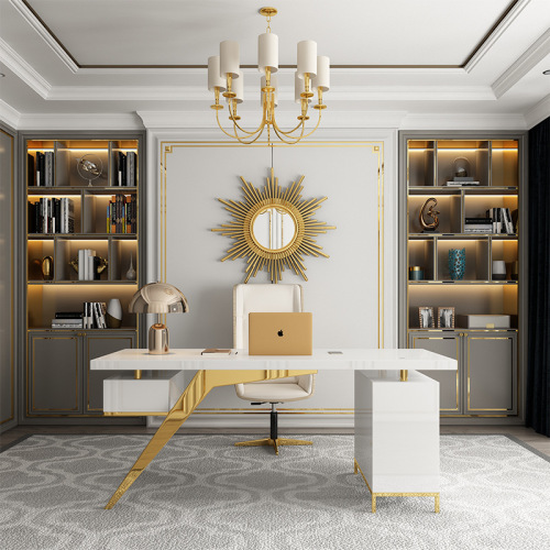 Small Gold Work Table Modern Office Desk and Chair Set