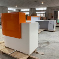White and Orange Curved Vintage Reception Desk Front Lobby Counter