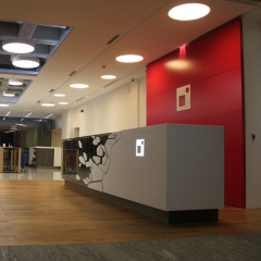 Corian Pattern Combined With Glass Backlit Reception Desk for Canteen