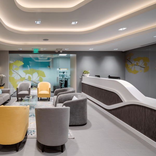 White Corian and Oak Wood Reception Desk Table Used for Clinic Dental