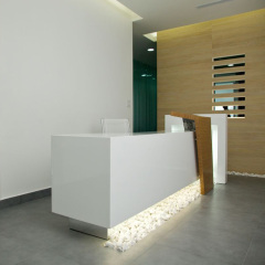High Gloss White Led Reception Desk Walnut Wood Panel Service Counter