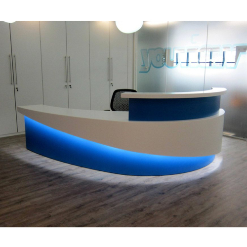 White and Blue Led Reception Desk Counter Semi Circle Reception Table