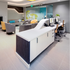 White Corian and Oak Wood Reception Desk Table Used for Clinic Dental