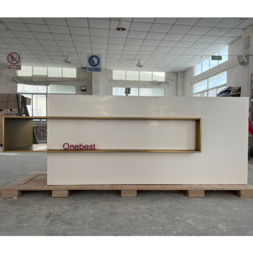 10 Feet Stone Reception Counter Slat Reception Desk For 3 Persons