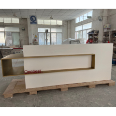 10 Feet Stone Reception Counter Slat Reception Desk For 3 Persons