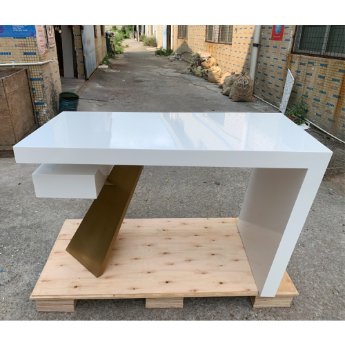 4 Feet Home Office Desk White Corian Study Table with Gold Leg
