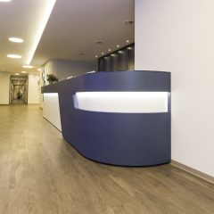 Sleek Blue and White Surface Three Persons Cockpit Reception Desk