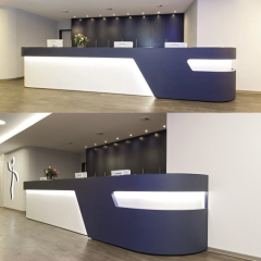 Sleek Blue and White Surface Three Persons Cockpit Reception Desk