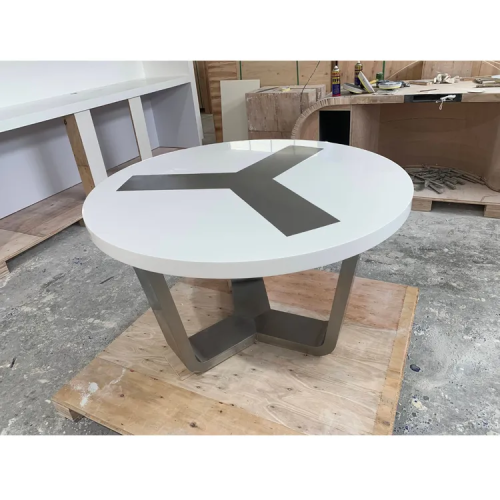 Rounded Shape Meeting Dinner Desk White Color Conference Table Power Sockets
