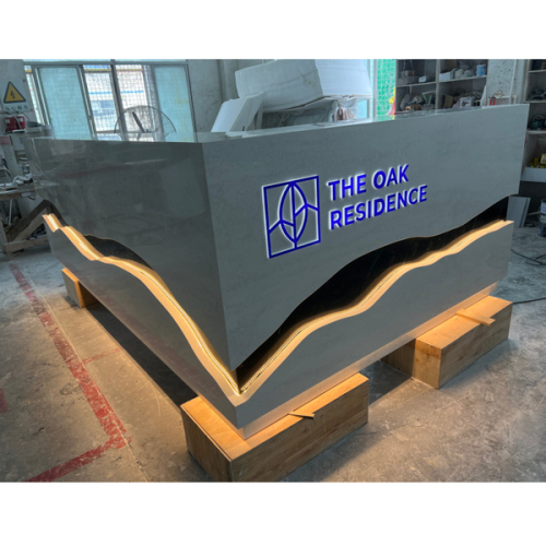 Led Acrylic Engraved Logo Custom Stone Color Reception Desk L Shape