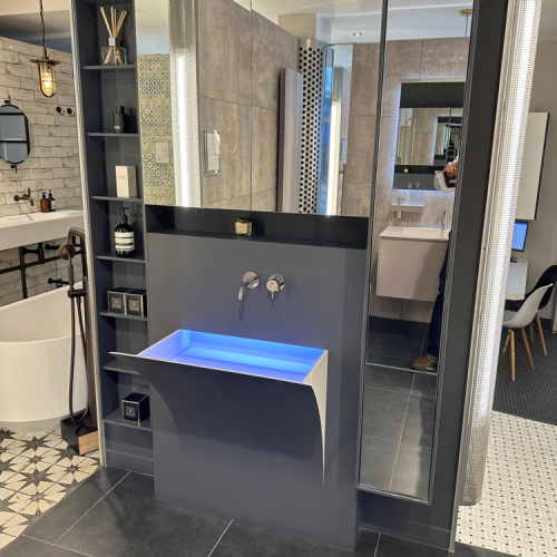 Grey Solid Surface Wash Basin Modern LED Bathroom Vanity Sink Units