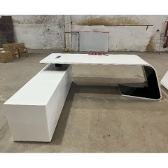 L Shape Boss Desk White and Grey Office Desk with Cable Hole