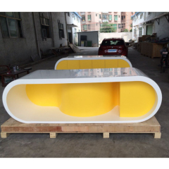 Mini Size White And Yellow Corian Office Desk Conference Table Set