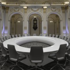 Oval Boat Shape Corian Conference Table Chairs with HDMI Plugs