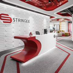 Solid Surface Stone Yoga Studio Reception Desk with White and Red Theme