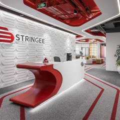 Solid Surface Stone Yoga Studio Reception Desk with White and Red Theme