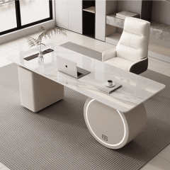 Round Office Desk Base White CEO Table Set with Led Light