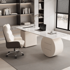 Round Office Desk Base White CEO Table Set with Led Light