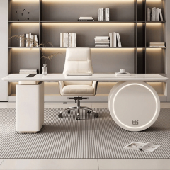 Round Office Desk Base White CEO Table Set with Led Light